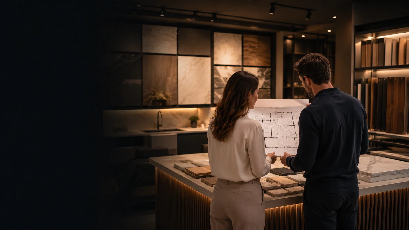 Visualización de reforma premium con vivienda abierta e iluminación cálida